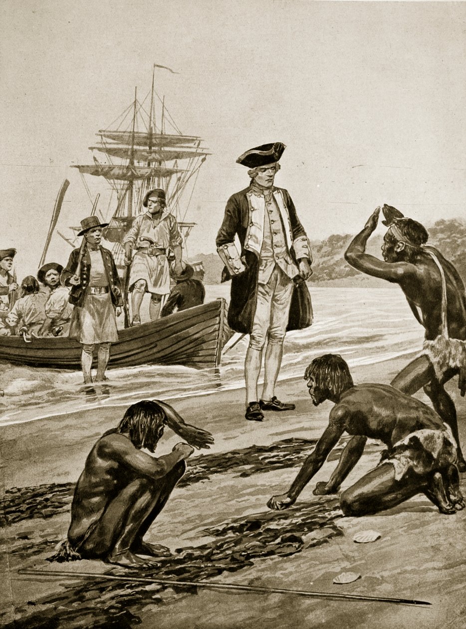 Kapitan Cook lądujący na Tasmanii, 1777, ilustracja z "Hutchinson