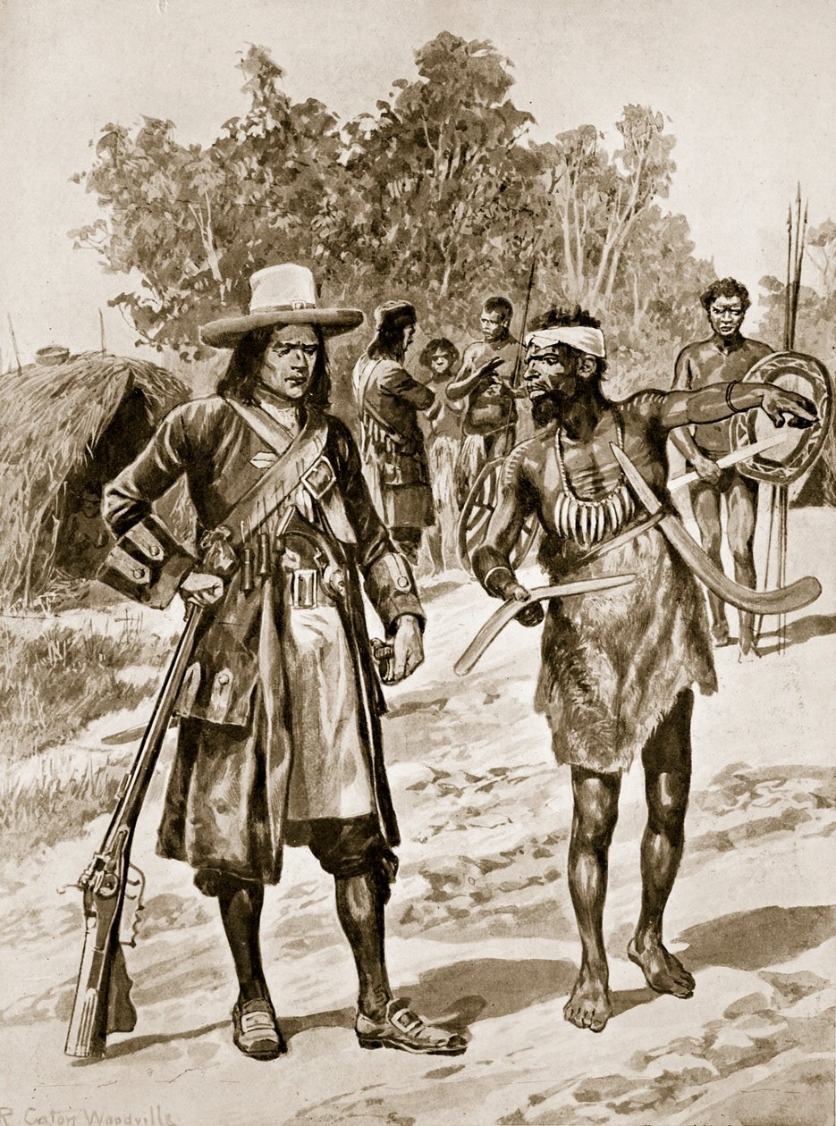Dampier badający bumerang w Australii, ilustracja z „Hutchinson
