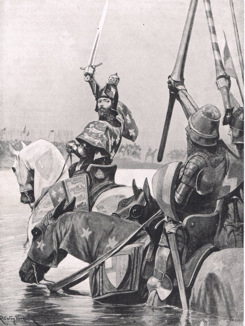 Edward III przeprawiający się przez Sommę przed bitwą pod Crecy, ilustracja z "British Battles on Land and Sea", wydanej przez Cassell, Londyn, ok. 1910 r. autorstwa Richard Caton Woodville junior