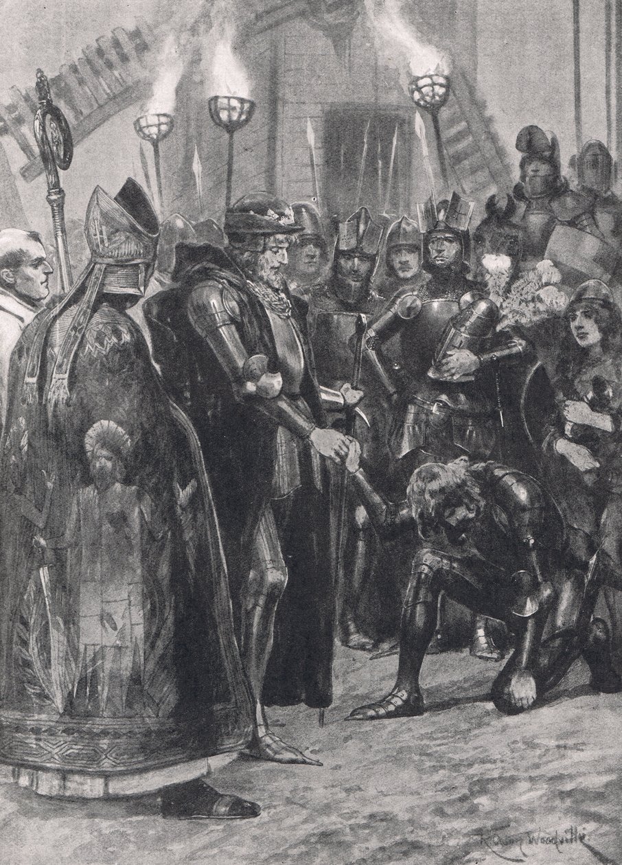Edward III witający księcia Walii po bitwie pod Crecy, ilustracja z "British Battles on Land and Sea", wydanej przez Cassell, Londyn, ok. 1910 r. autorstwa Richard Caton Woodville junior