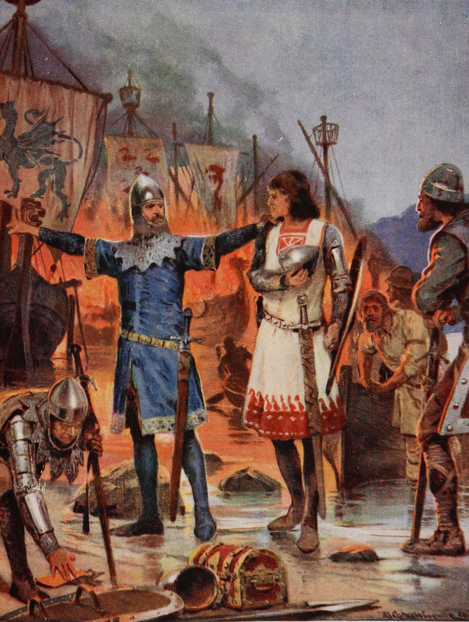 FitzStephen pali swoje łodzie, 1169, ilustracja z „Hutchinson