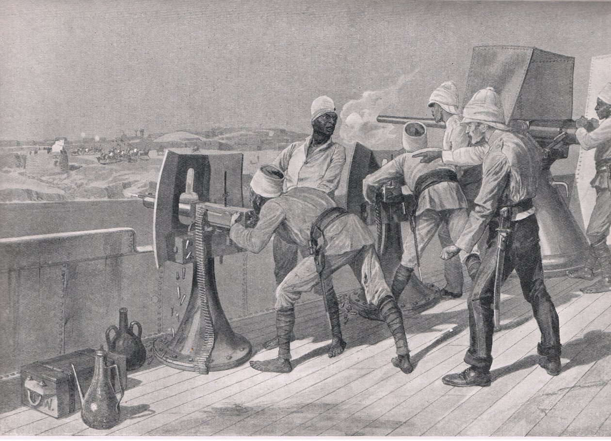 W drodze w górę Nilu: Strzelanie do derwiszów, ilustracja z brytyjskich bitew na lądzie i morzu, 1915 autorstwa Richard Caton Woodville junior