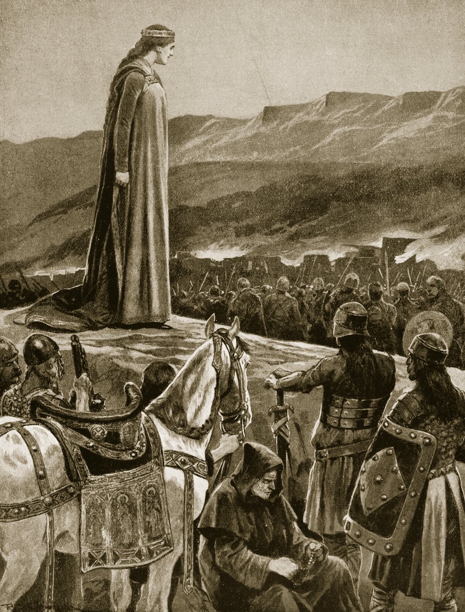 Królowa Ethelfled oglądająca szturm na Brecon, ilustracja z "Hutchinson