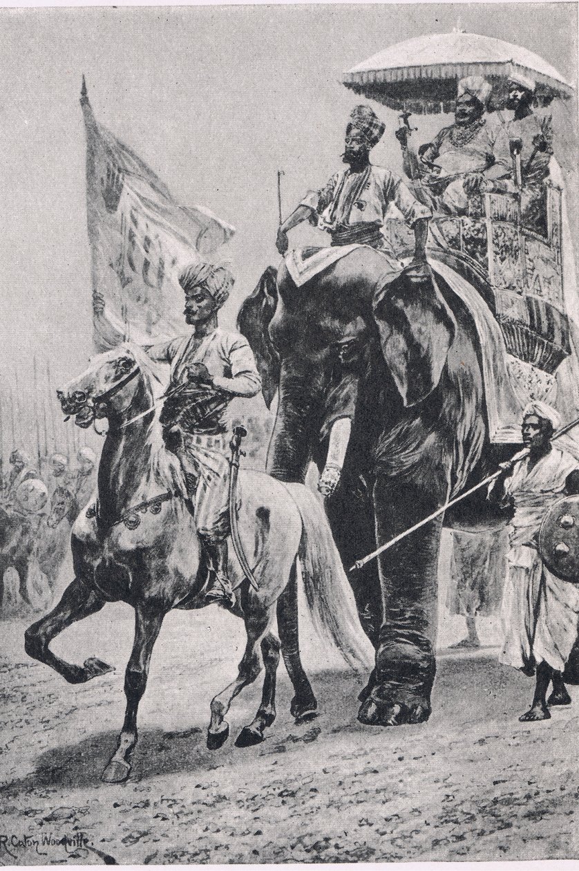 Siraj-ud-Daulah w Plassey, 23 czerwca 1757, ilustracja z brytyjskich bitew na lądzie i morzu, 1915 autorstwa Richard Caton Woodville junior