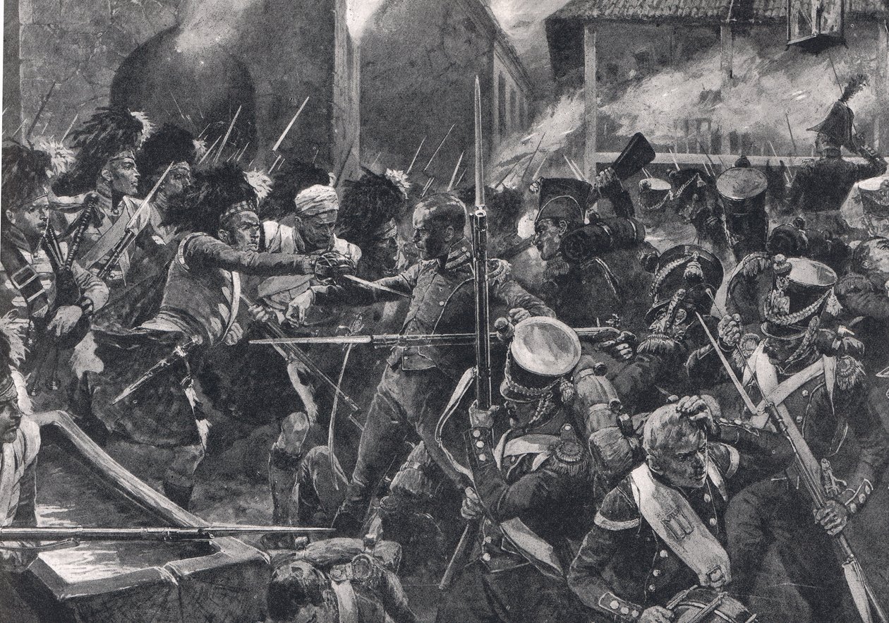 42. Górale wypędzający Francuzów z Elviny, ilustracja z „British Battles on Land and Sea”, wydanej przez Cassell, Londyn, ok. 1910 autorstwa Richard Caton Woodville junior