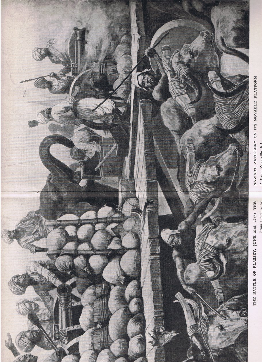 Bitwa pod Plassey 23 czerwca 1757: Artyleria Nawabs na ruchomej platformie, ilustracja z brytyjskich bitew na lądzie i morzu, 1915 autorstwa Richard Caton Woodville junior