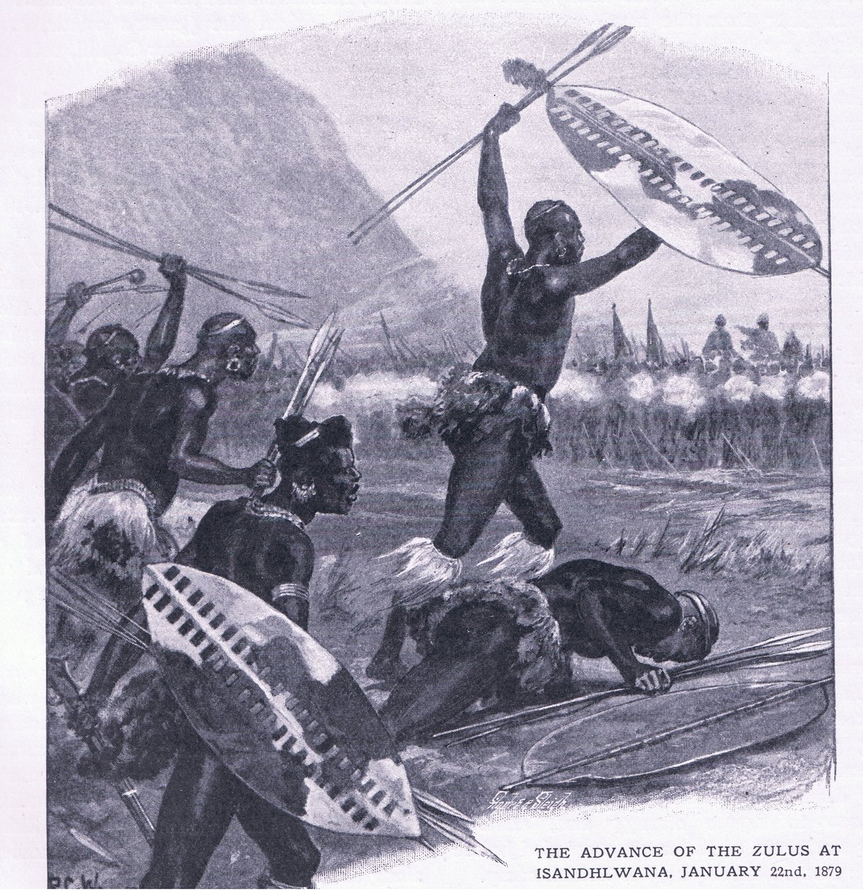 Natarcie Zulusów na Isandhlwana 22 stycznia 1879, ilustracja z brytyjskich bitew lądowych i morskich, 1915 autorstwa Richard Caton Woodville junior