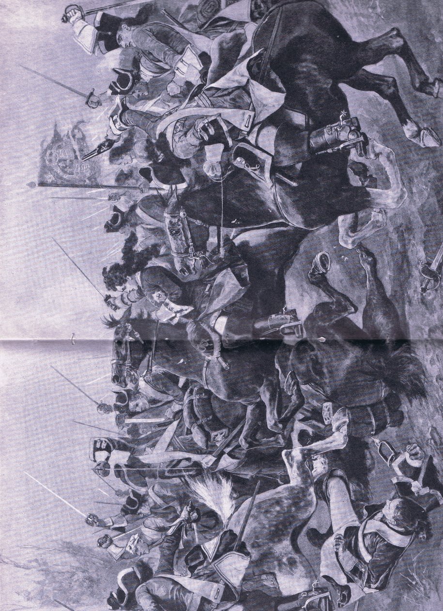 Konflikt kawalerii w bitwie pod Ramilles, 3 maja 1706, ilustracja z brytyjskich bitew lądowych i morskich, 1915 autorstwa Richard Caton Woodville junior