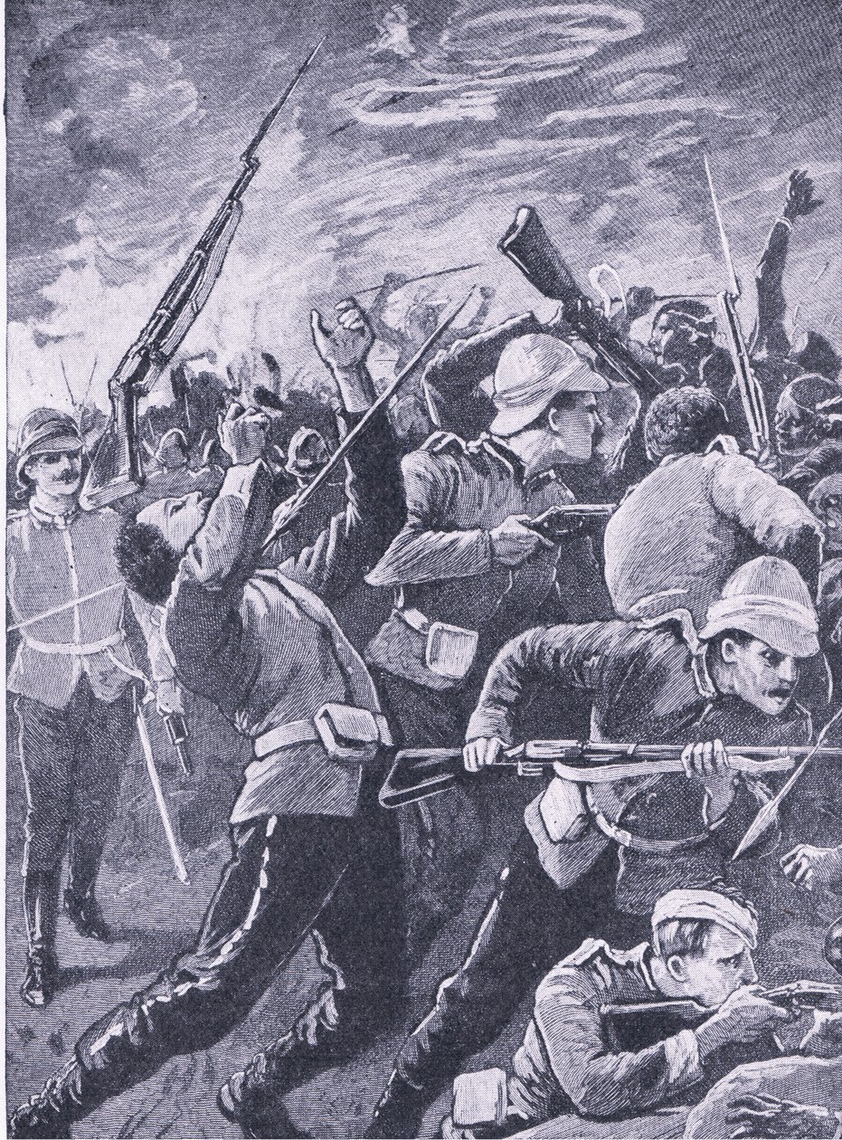 Obrona Rorkes Drift, ilustracja z brytyjskich bitew na lądzie i morzu, 1915 autorstwa Richard Caton Woodville junior