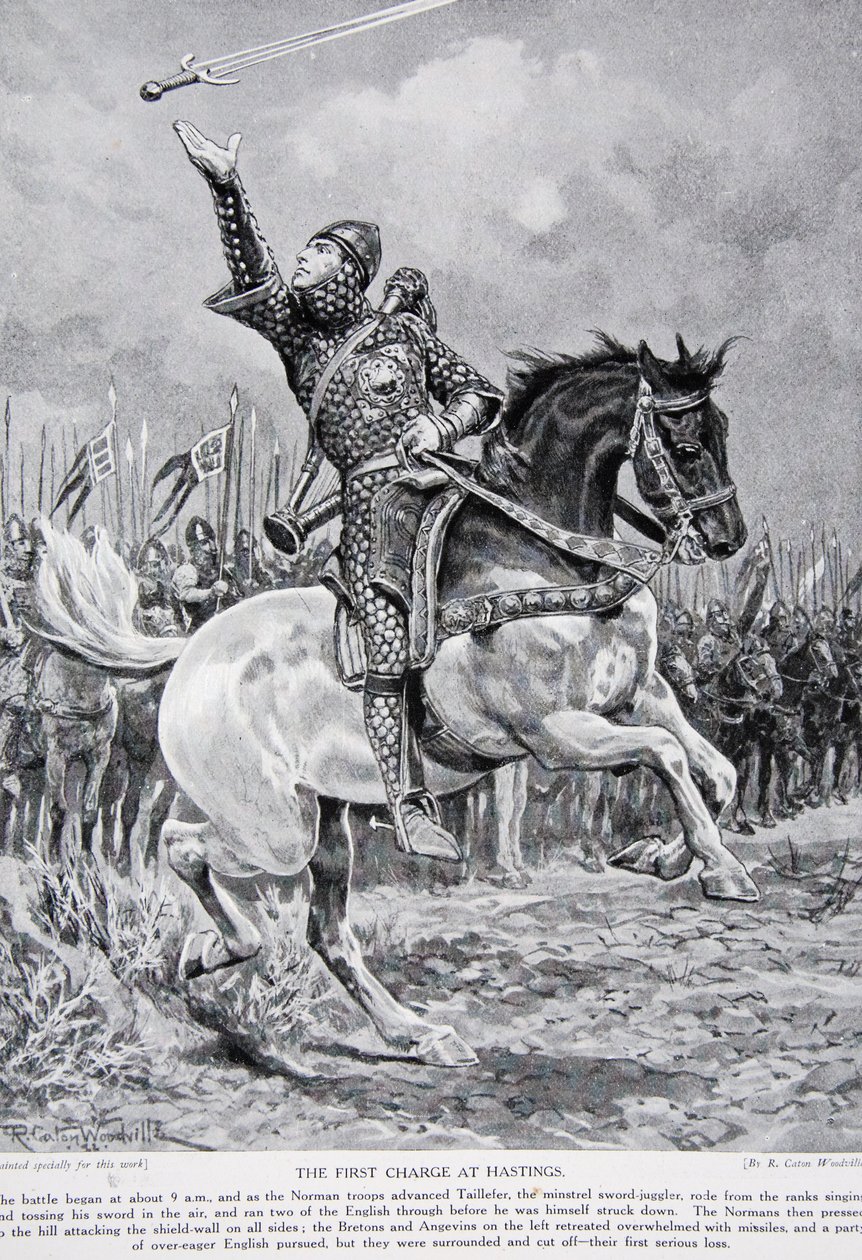 Pierwsza szarża pod Hastings: Taillefer żongler mieczem minstreli jechał z szeregów, śpiewając i podrzucając miecz w powietrzu, 1066, ilustracja z „Hutchinson