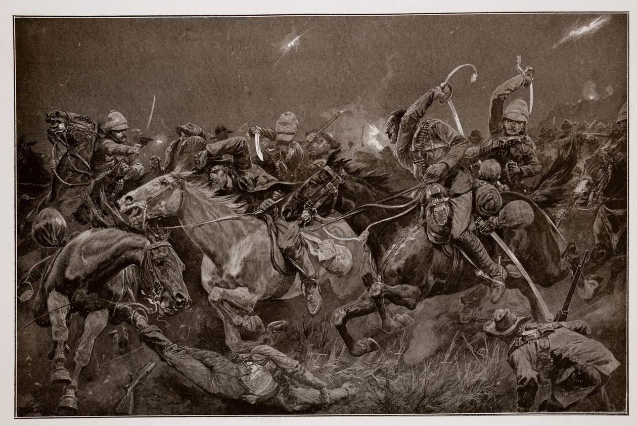 Nocna szarża 19. Huzarów pod Lydenbergiem 7 listopada 1900 r. autorstwa Richard Caton Woodville junior