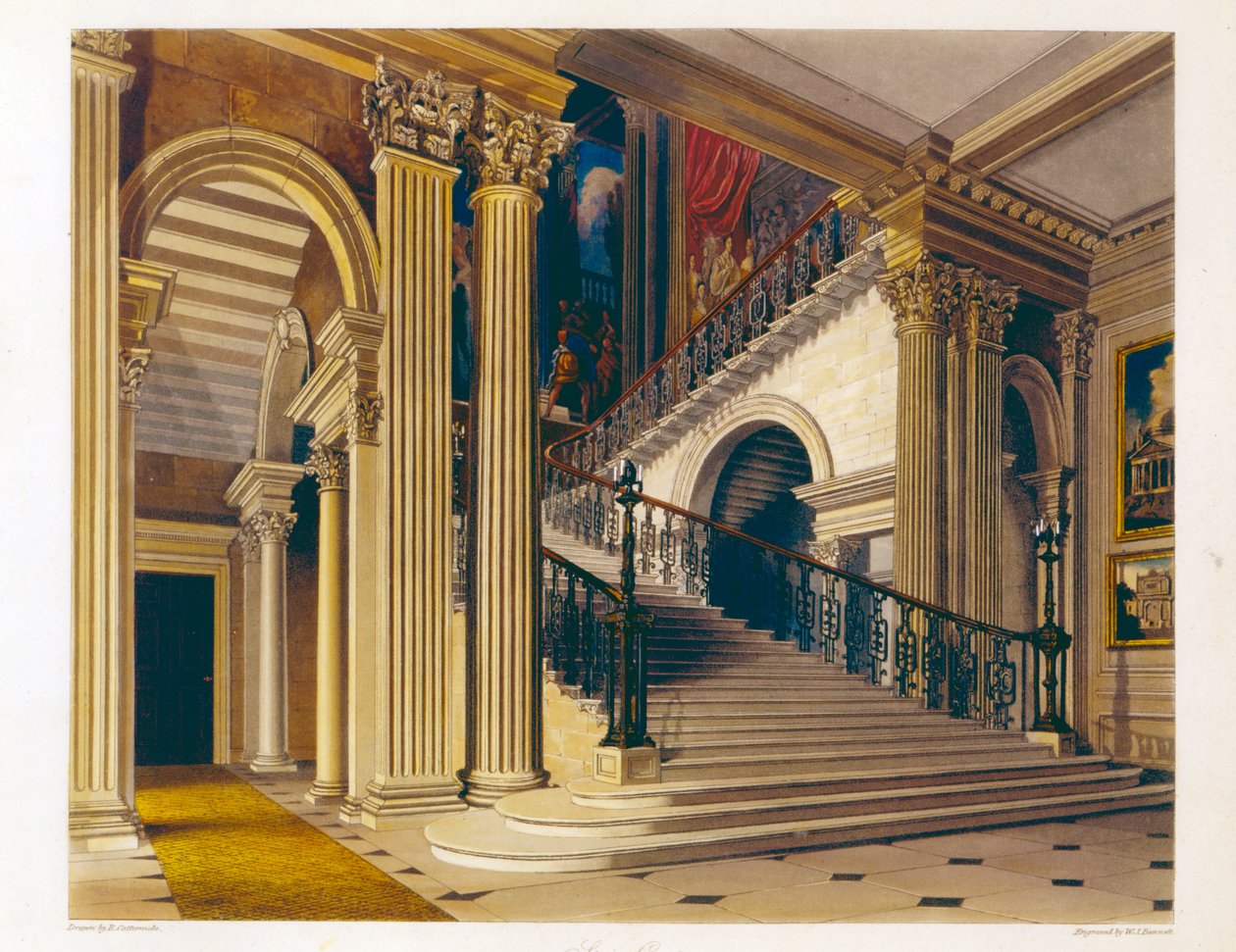 Klatka schodowa, dom Buckingham, z „Historii rezydencji królewskich”, rytowana przez Williama Jamesa Bennetta (1787-1844), autorstwa Williama Henry