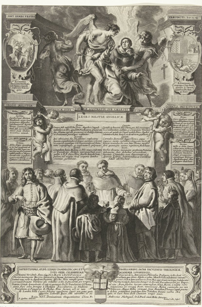 Instelling van de broederschap Milicja Angelica Tomasza z Akwinu, 1649 Pochodzenie Milicji Anielskiej, boski Tomasz z Akwinu; pod jego niebiańskim pasem czystości, ustanowiony (tytuł na przedmiocie) autorstwa Richard Collin