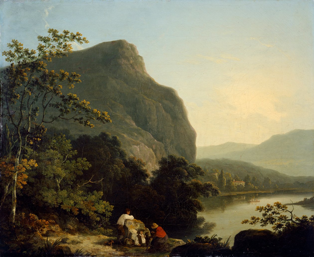 „Krajobraz z jeziorem”, 1788 autorstwa Richard Corbould