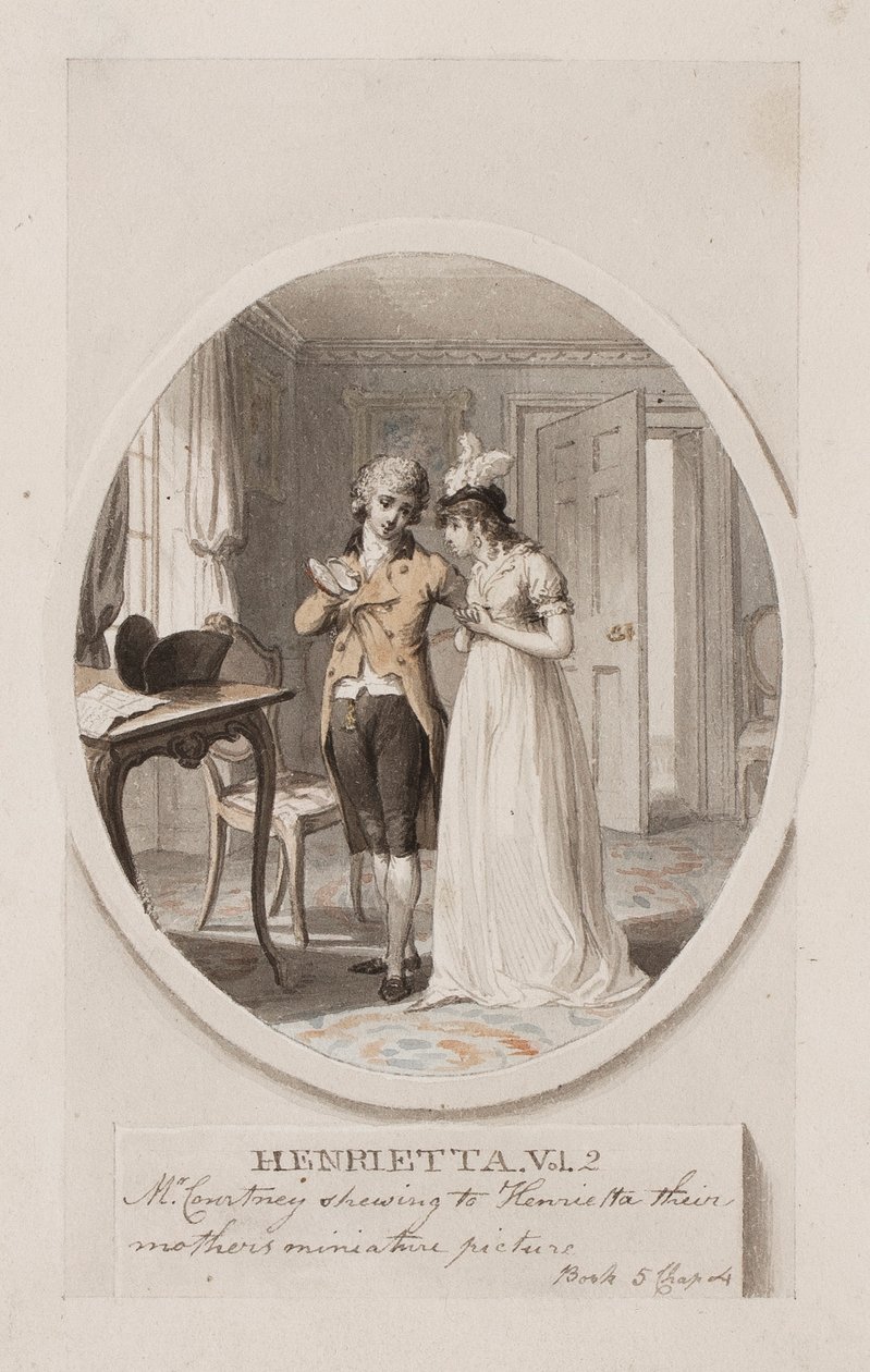 Pan Courtney pokazuje Henrietcie miniaturowe zdjęcie ich matek, księga 5, rozdział 4, ilustracja do wydania „Henrietty” Charlotte Lennox z 1798 r., ok. 1798 r. (ołówek i toaleta na papierze) autorstwa Richard Corbould