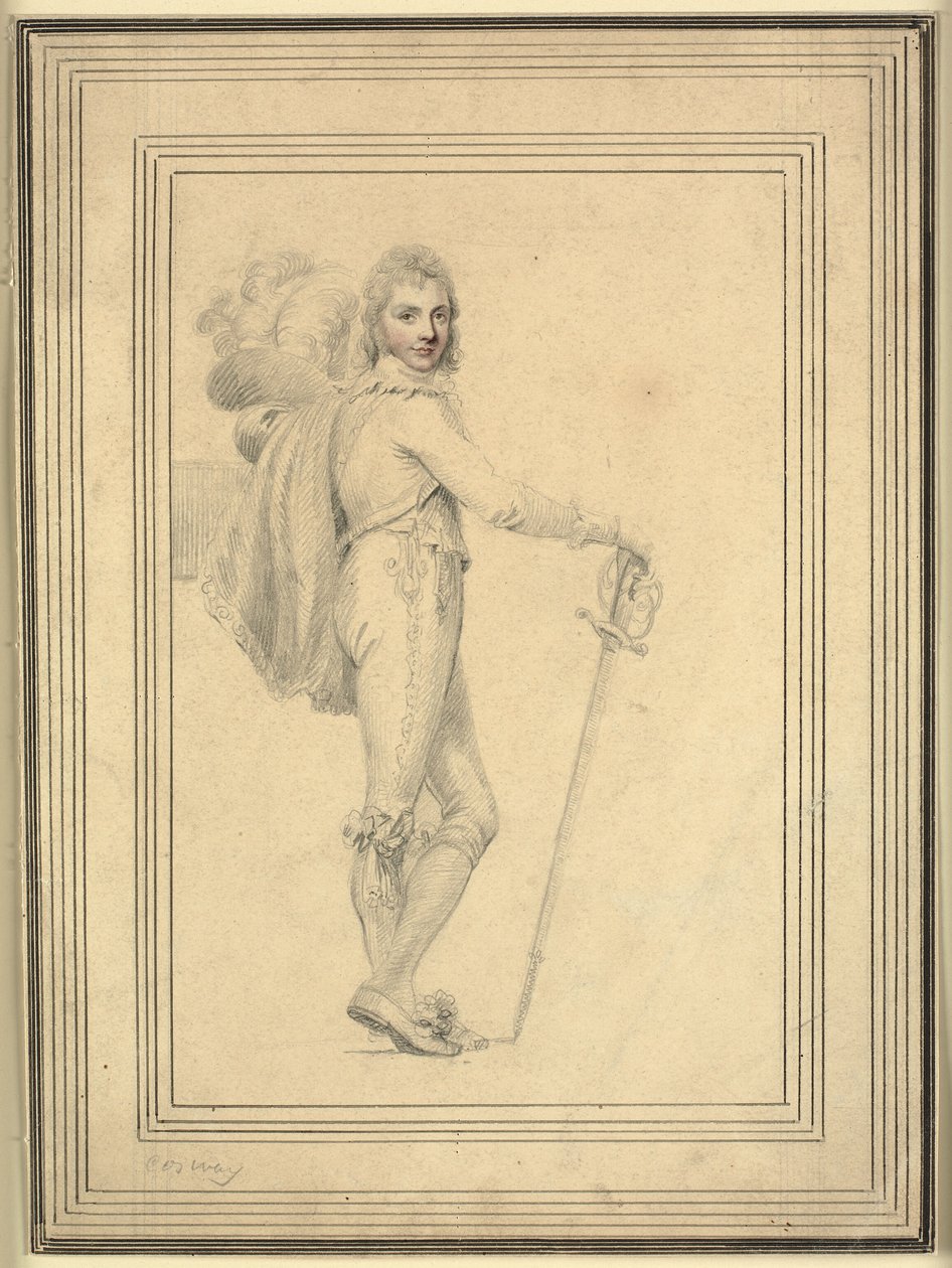 Pełnometrażowy portret dżentelmena z mieczem w jednej ręce i kapeluszem z pióropuszem w drugiej autorstwa Richard Cosway
