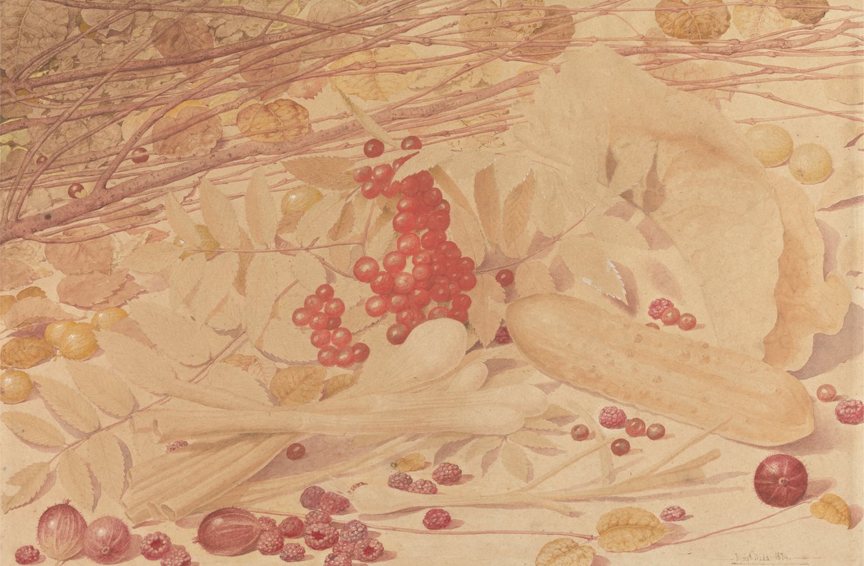 Martwa natura z agrestem, malinami, czerwonymi porzeczkami, dymką, korniszonem i liśćmi autorstwa Richard Dadd
