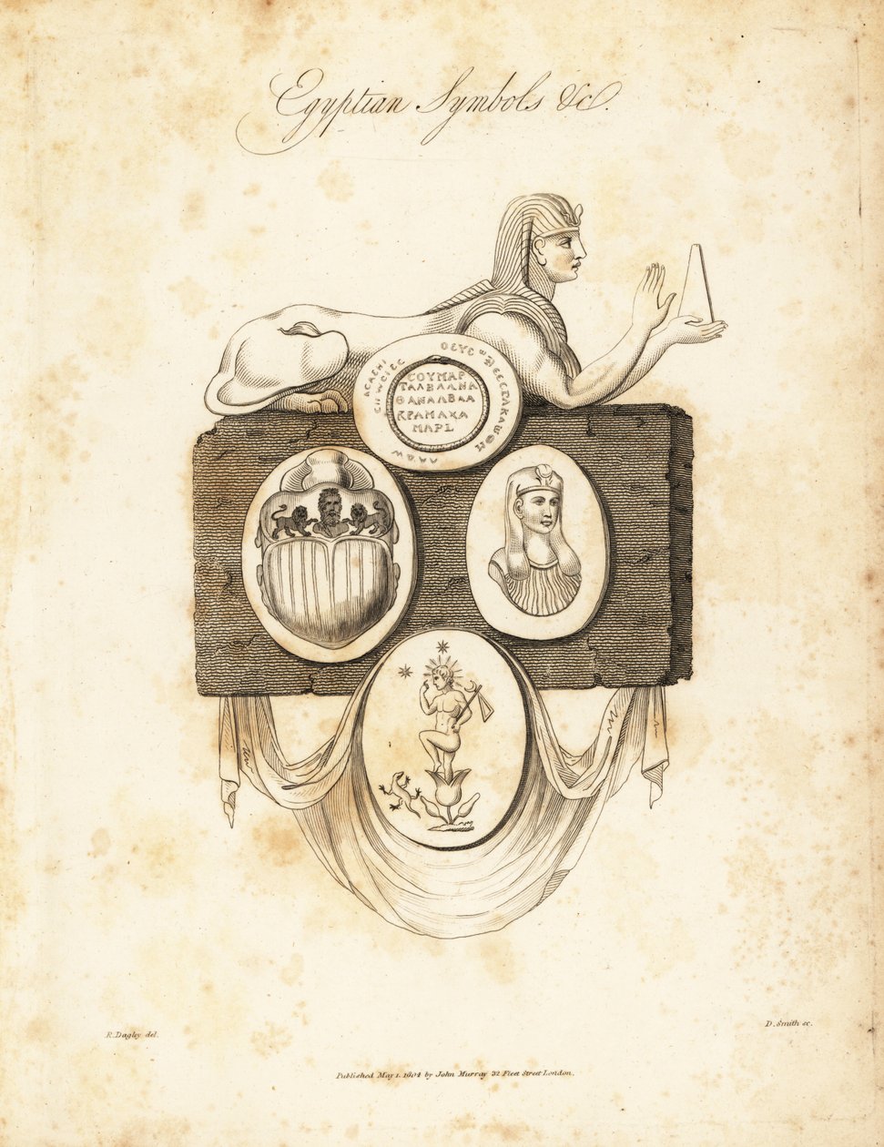 Sfinks egipski, chrząszcz skarabeusz, Horus itp, 1823 (rycina) autorstwa Richard Dagley
