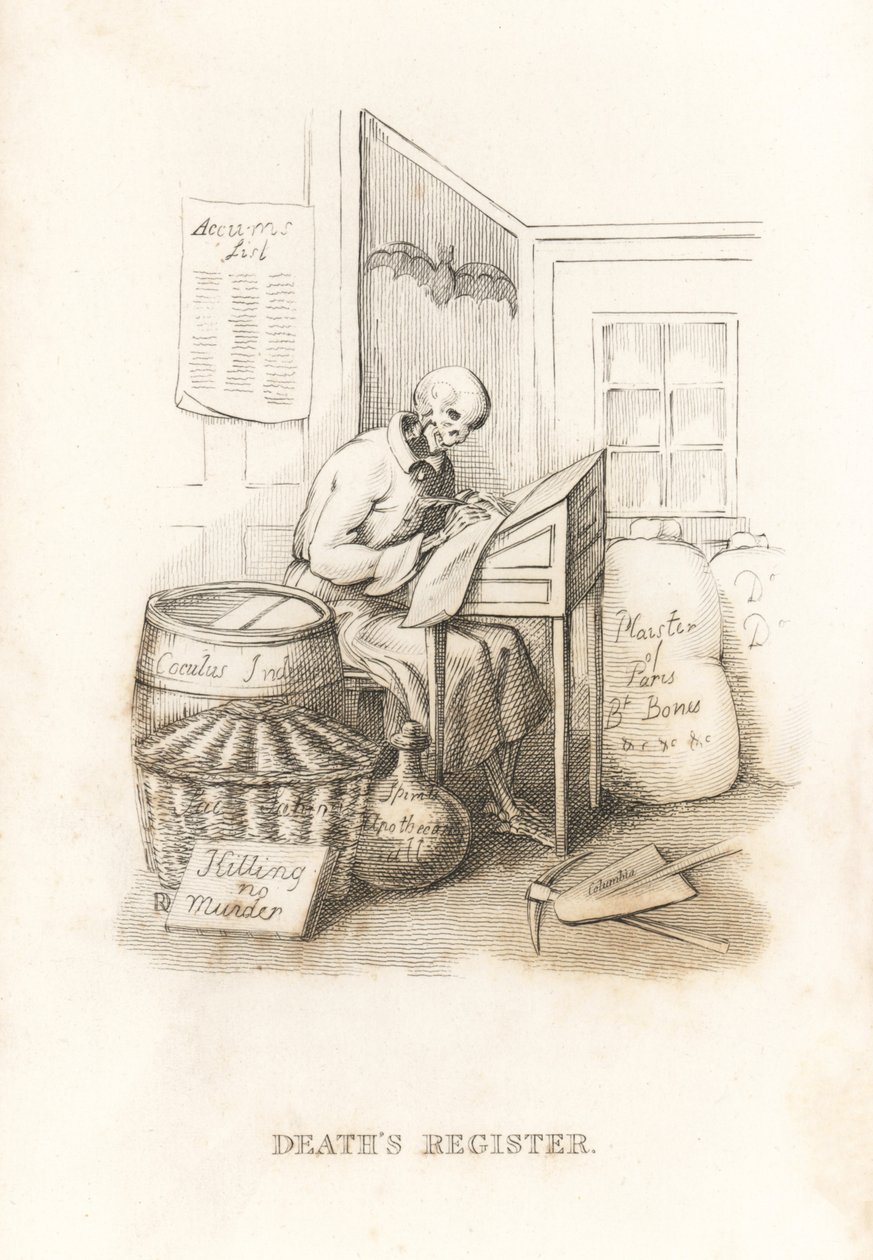 Szkielet Śmierci i jego księga. ,1827 (grawerowanie) autorstwa Richard Dagley