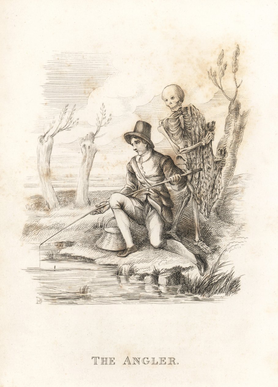 Szkielet Śmierci i wędkarz. ,1827 (grawerowanie) autorstwa Richard Dagley