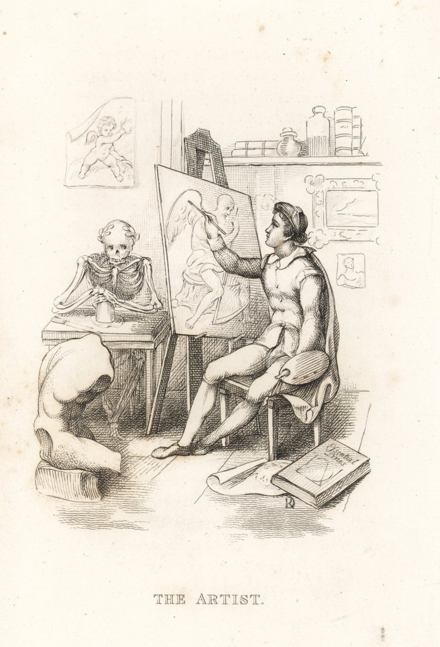 Szkielet Śmierci i artysta., 1827 (rycina) autorstwa Richard Dagley