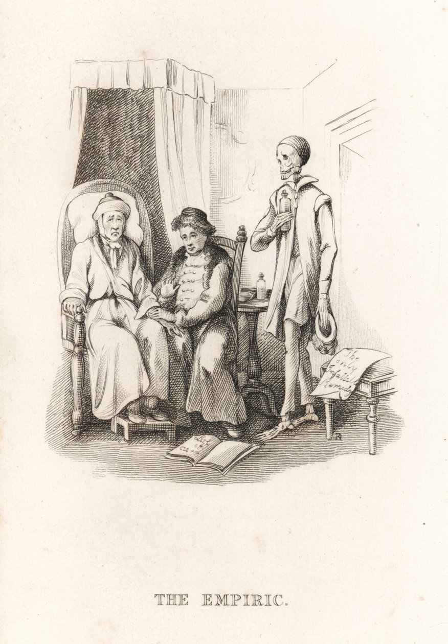 Szkielet Śmierci i szarlatan. ,1827 (grawerowanie) autorstwa Richard Dagley
