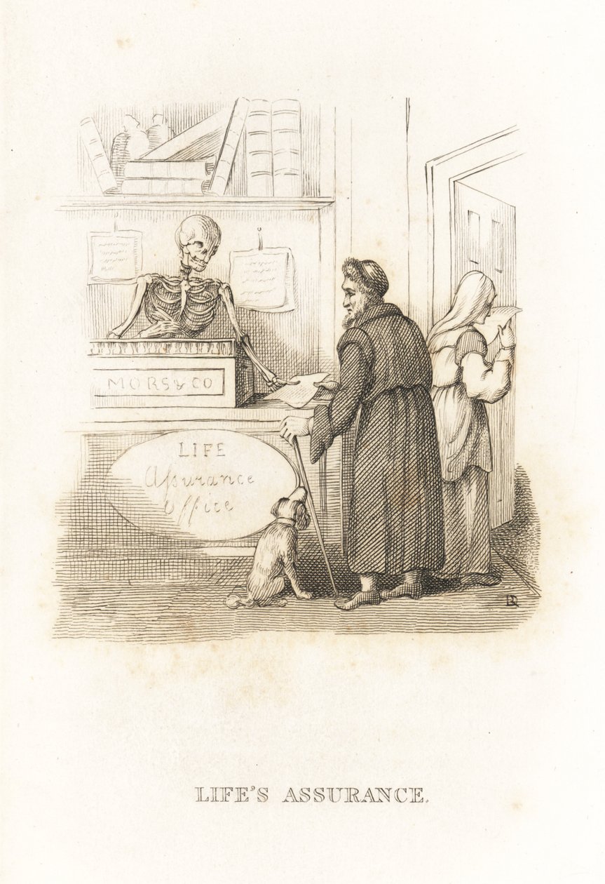 Szkielet Śmierci w biurze ubezpieczeniowym. ,1827 (grawerowanie) autorstwa Richard Dagley