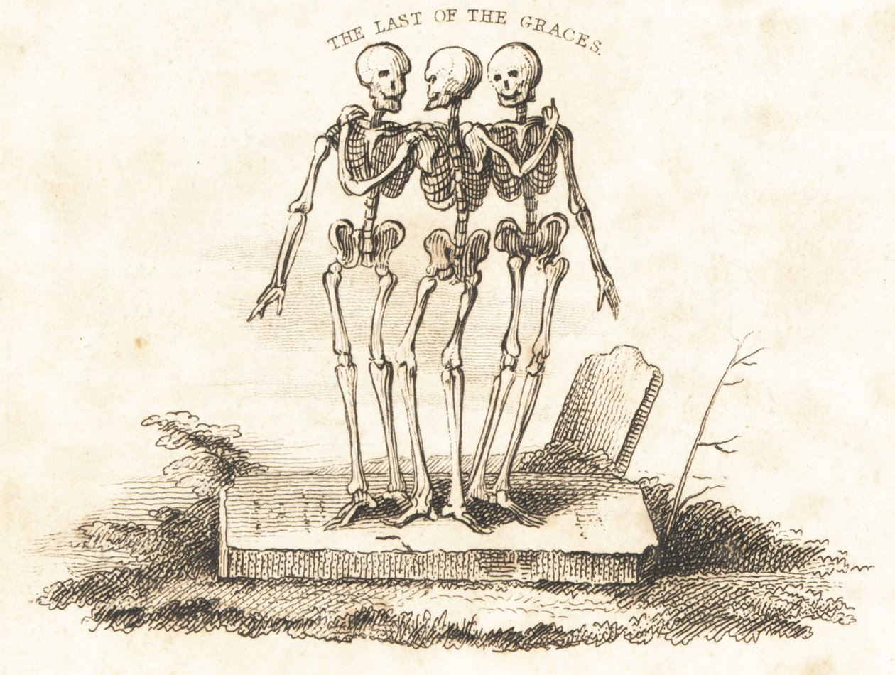 Winieta trzech szkieletów na nagrobku.,1827 (rycina) autorstwa Richard Dagley