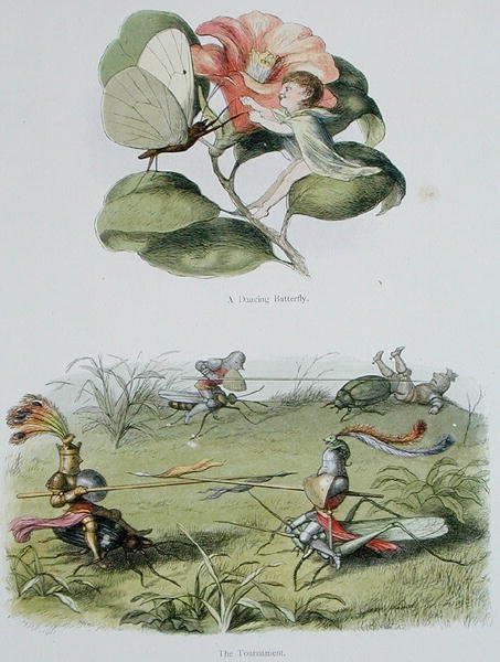 Tańczący motyl i turniej, ilustracje z „W krainie baśni: seria obrazków ze świata elfów” Williama Allinghama i Andrew Langa (kolor lito) autorstwa Richard Doyle