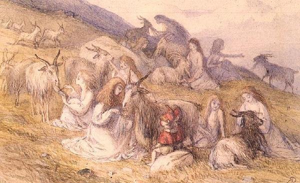 Dziewczyny czeszące brody kóz (akwarela i długopis i brązowy tusz) autorstwa Richard Doyle