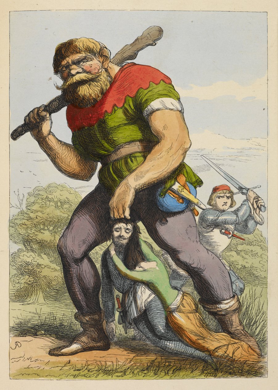 Jack podchodzi do giganta od tyłu. Olbrzym ciągnie za włosy rycerza okrągłego stołu. Dama trzyma rycerza. Kolorowa ilustracja w książce dla dzieci. autorstwa Richard Doyle
