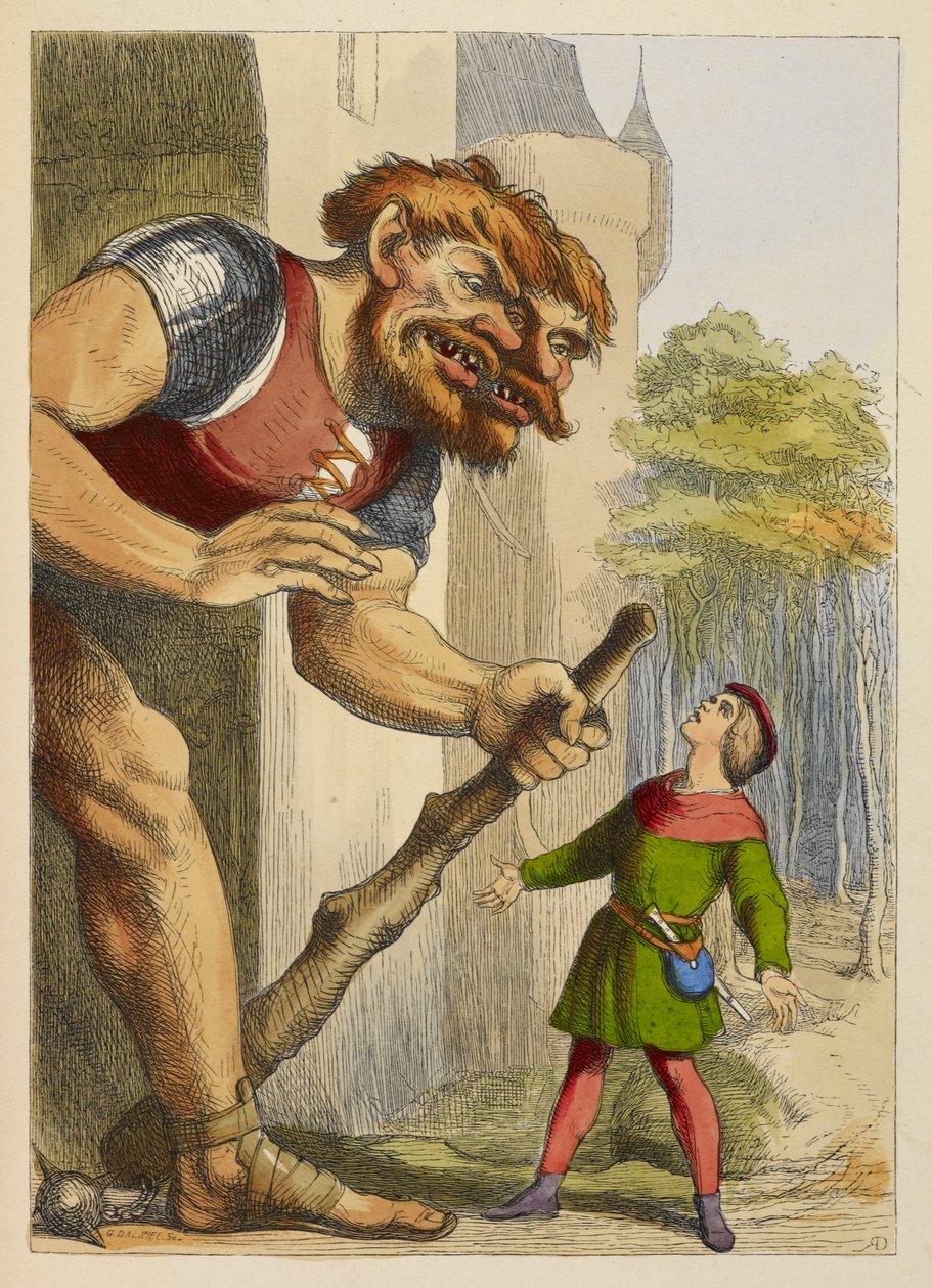 Jack patrzy na olbrzyma, który ma dwie głowy. Gigant jest Walijczykiem. Kolorowa ilustracja w książce dla dzieci. autorstwa Richard Doyle