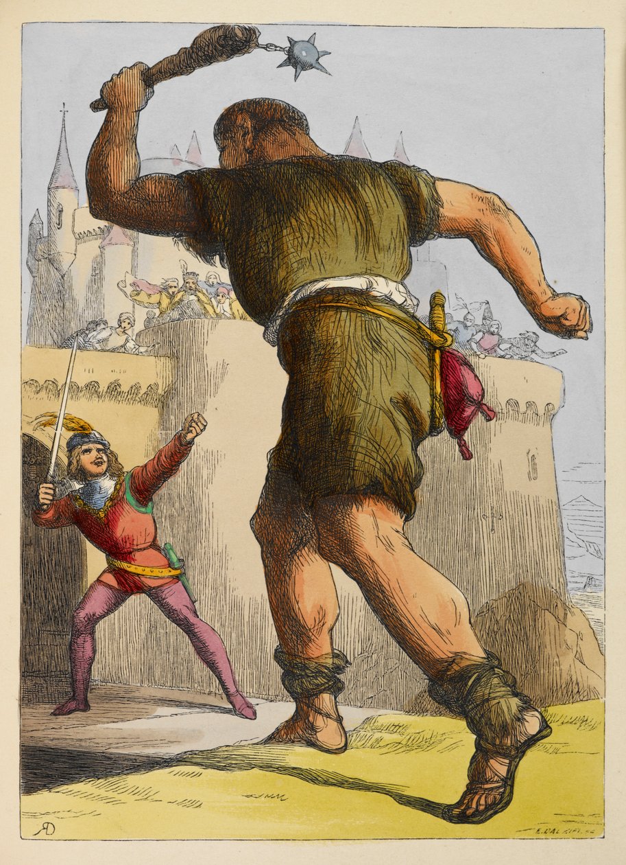 Jack gotowy do walki z olbrzymem przed zamkiem. Kolorowa ilustracja w książce dla dzieci. autorstwa Richard Doyle