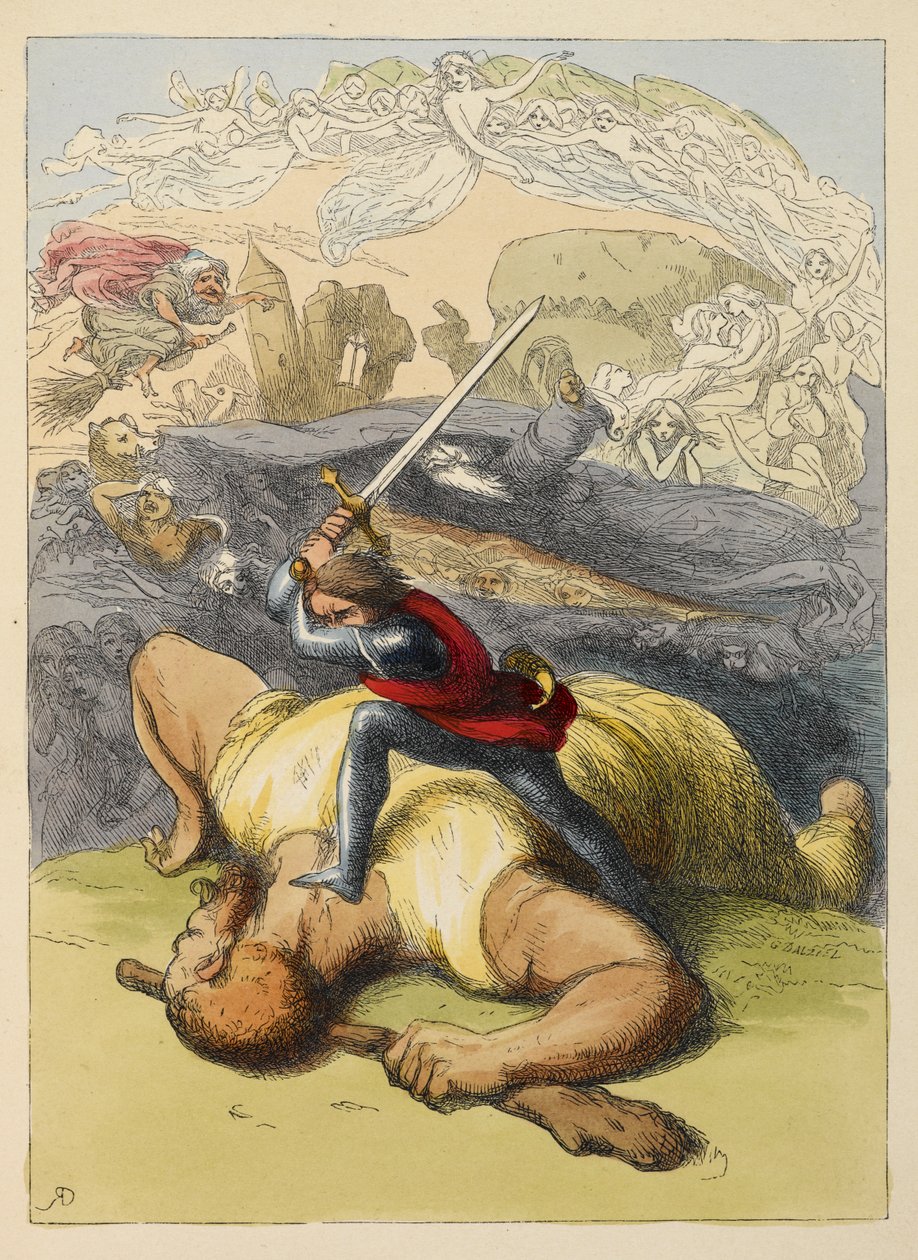 Jack stojący na ciele olbrzyma z uniesionym mieczem. Kolorowa ilustracja w książce dla dzieci. autorstwa Richard Doyle