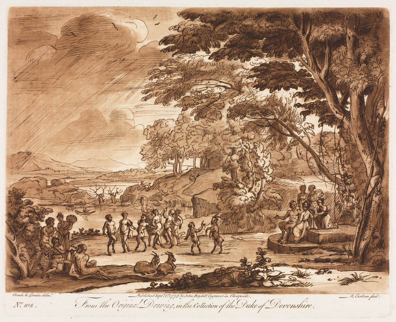 Liber Veritatis: nr 108, Pejzaż z tańczącymi satyrami i nimfami, 1775. autorstwa Richard Earlom