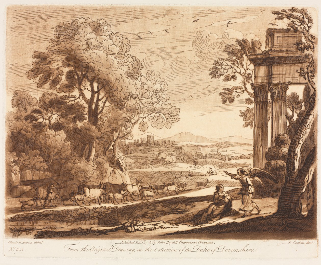 Liber Veritatis: nr 133, Krajobraz z bydłem i aniołem pocieszającym Hagar, 1776. autorstwa Richard Earlom