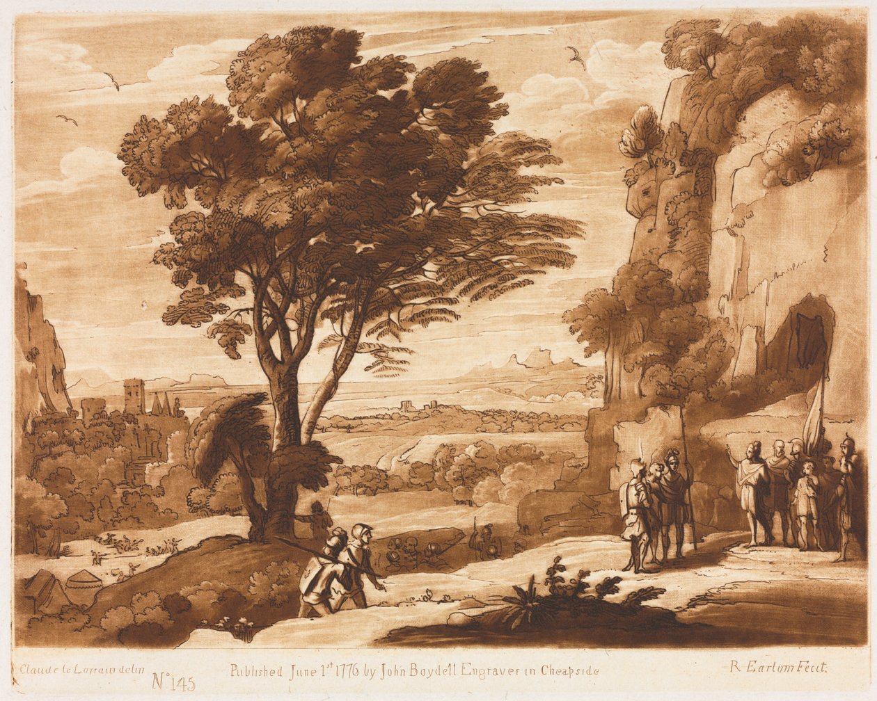 Liber Veritatis: nr 145, Pejzaż z figurami, Szymon sprowadzony przed Priama, 1776. autorstwa Richard Earlom