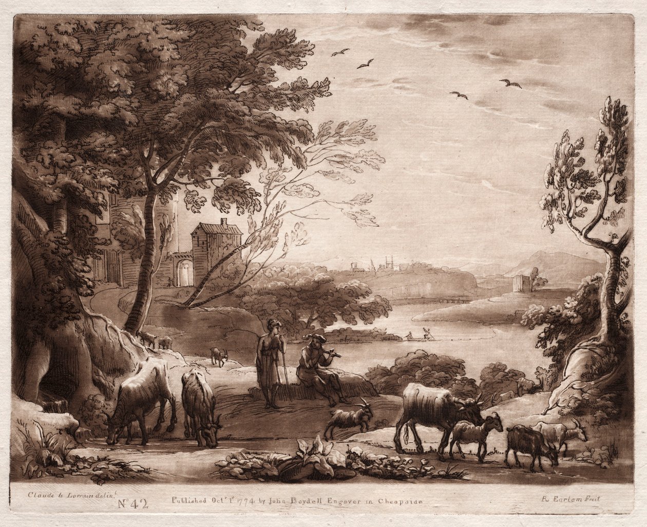 Liber Veritatis: nr 42, Pejzaż rzeczny z pasterzem i pasterzem..., 1774. autorstwa Richard Earlom