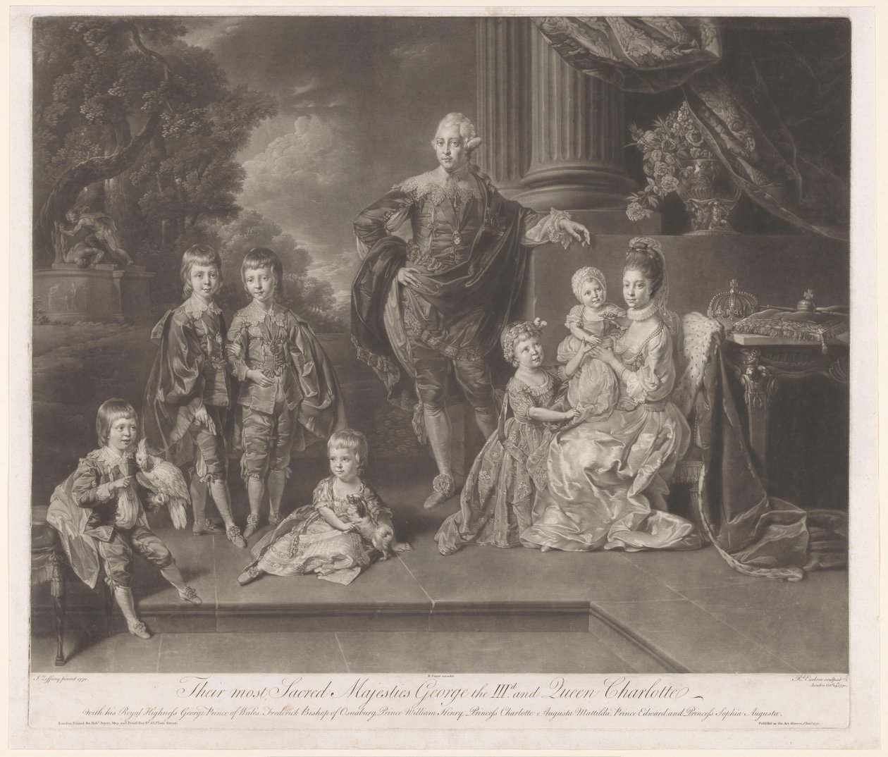 Portret Jerzego III, króla Wielkiej Brytanii i jego rodziny Ich najświętsze Królewskie Mości Jerzy IIId i Królowa Charlotte (tytuł na obiekcie) autorstwa Richard Earlom