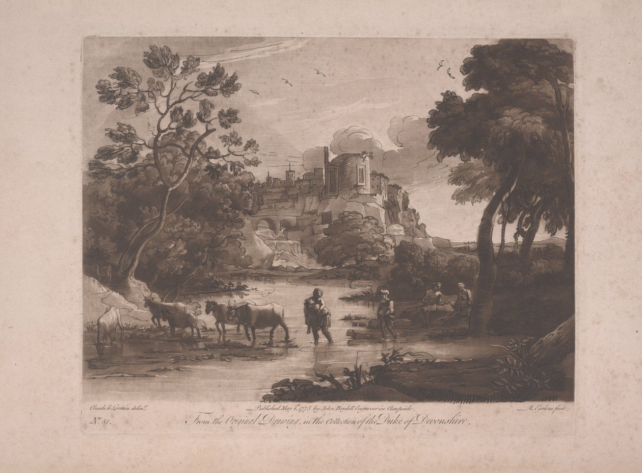 Widok Tivoli o zachodzie słońca, opublikowany 1775 (mezzotinta z akwafortą) autorstwa Richard Earlom