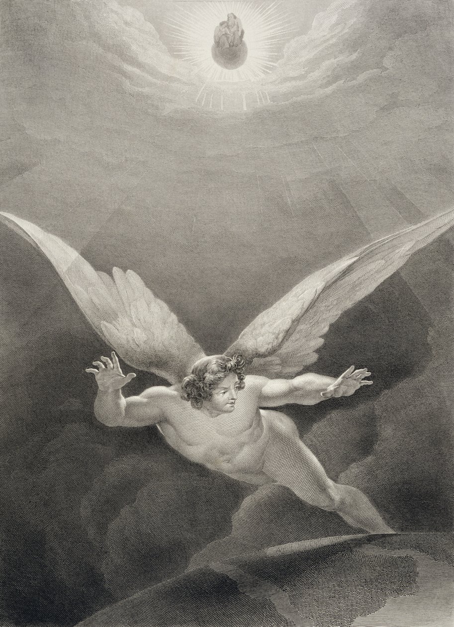 Szatan przeskakuje przez mury Nieba, z francuskiego wydania „Raju utraconego” Johna Miltona (1608-1674) grawerowanego przez Nyona, opublikowanego w 1868 roku autorstwa Richard Edmond Flatters