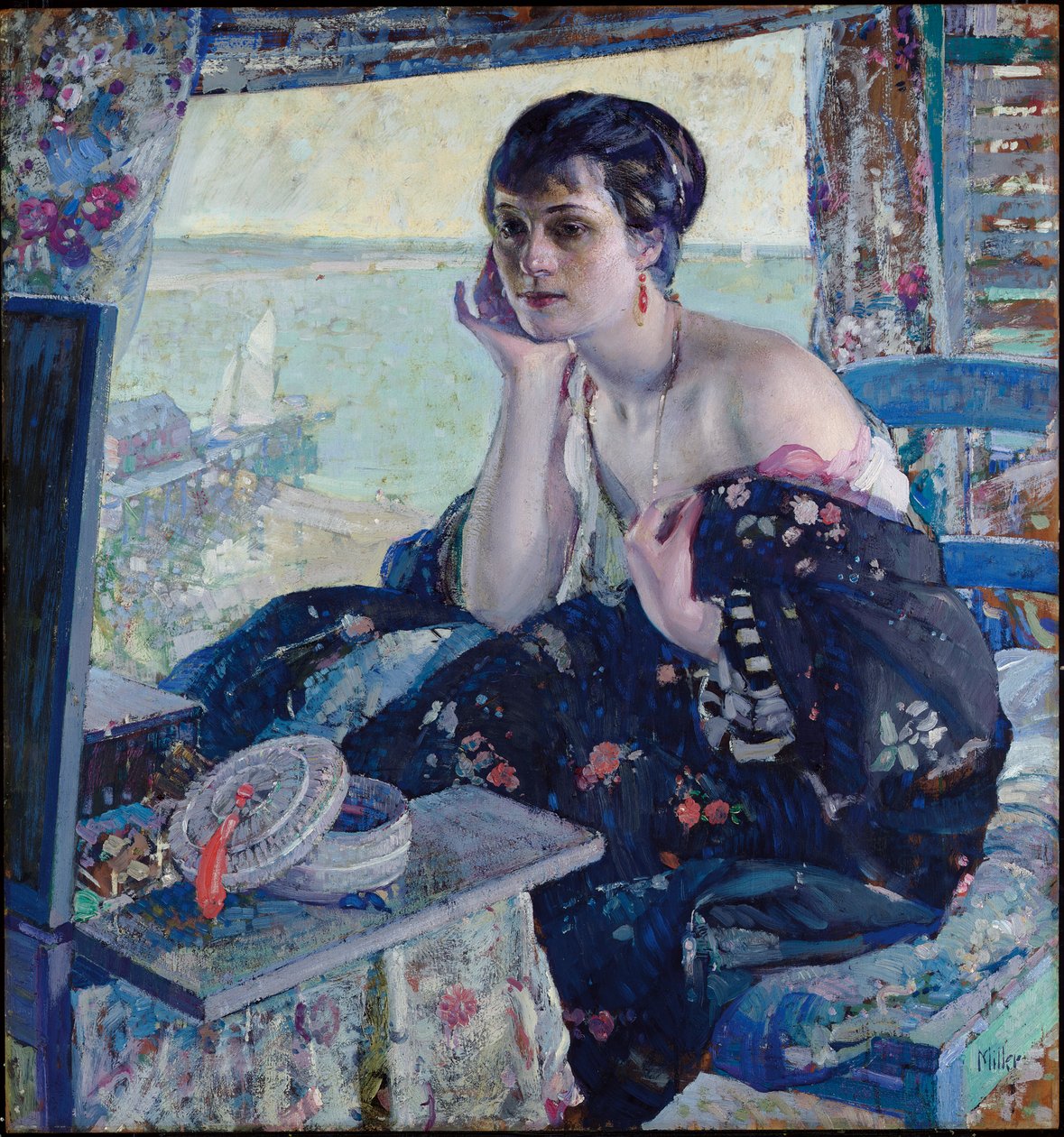 Kobieta przy oknie (olej na panelu) autorstwa Richard Emil Miller