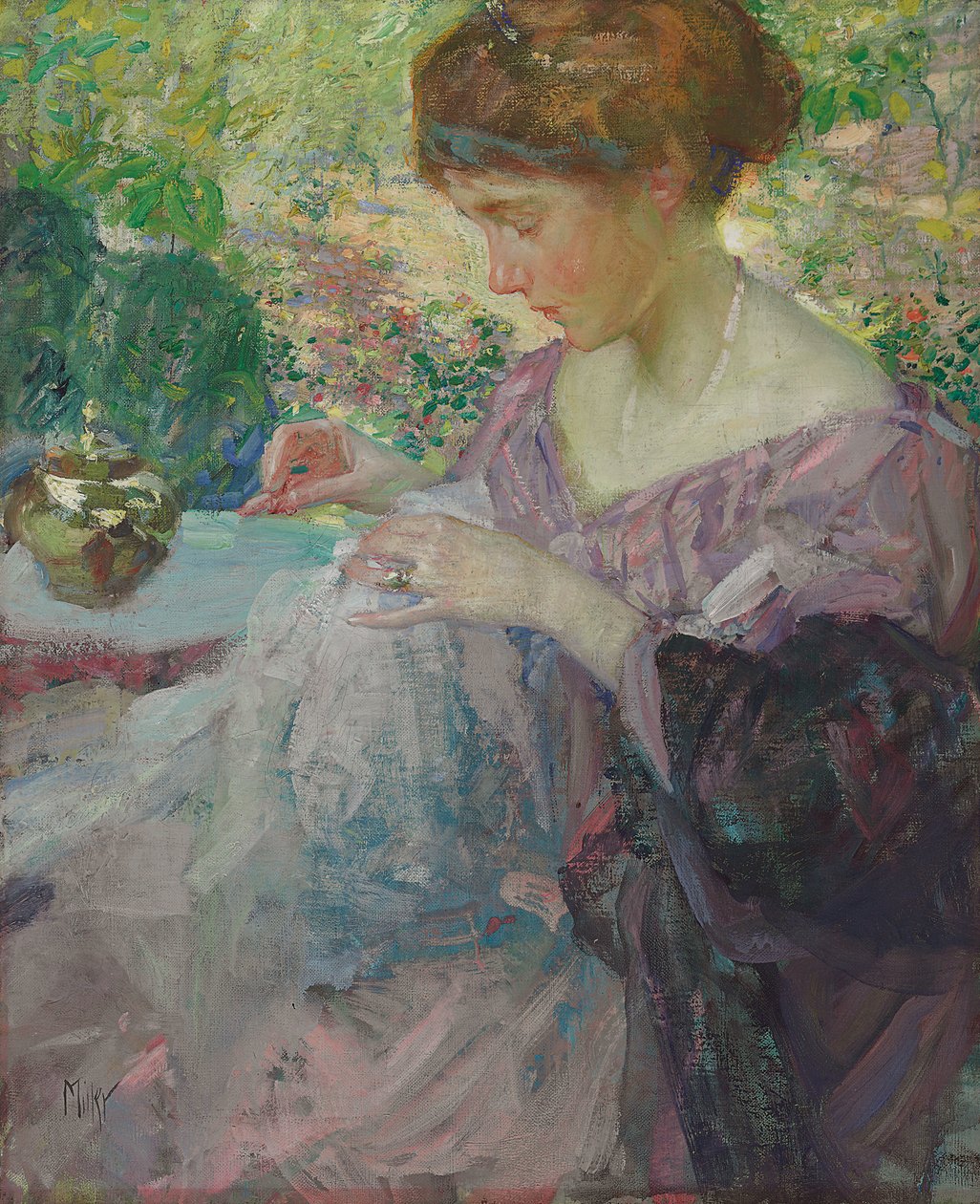Młoda Kobieta Szycia (olej na płótnie) autorstwa Richard Emil Miller