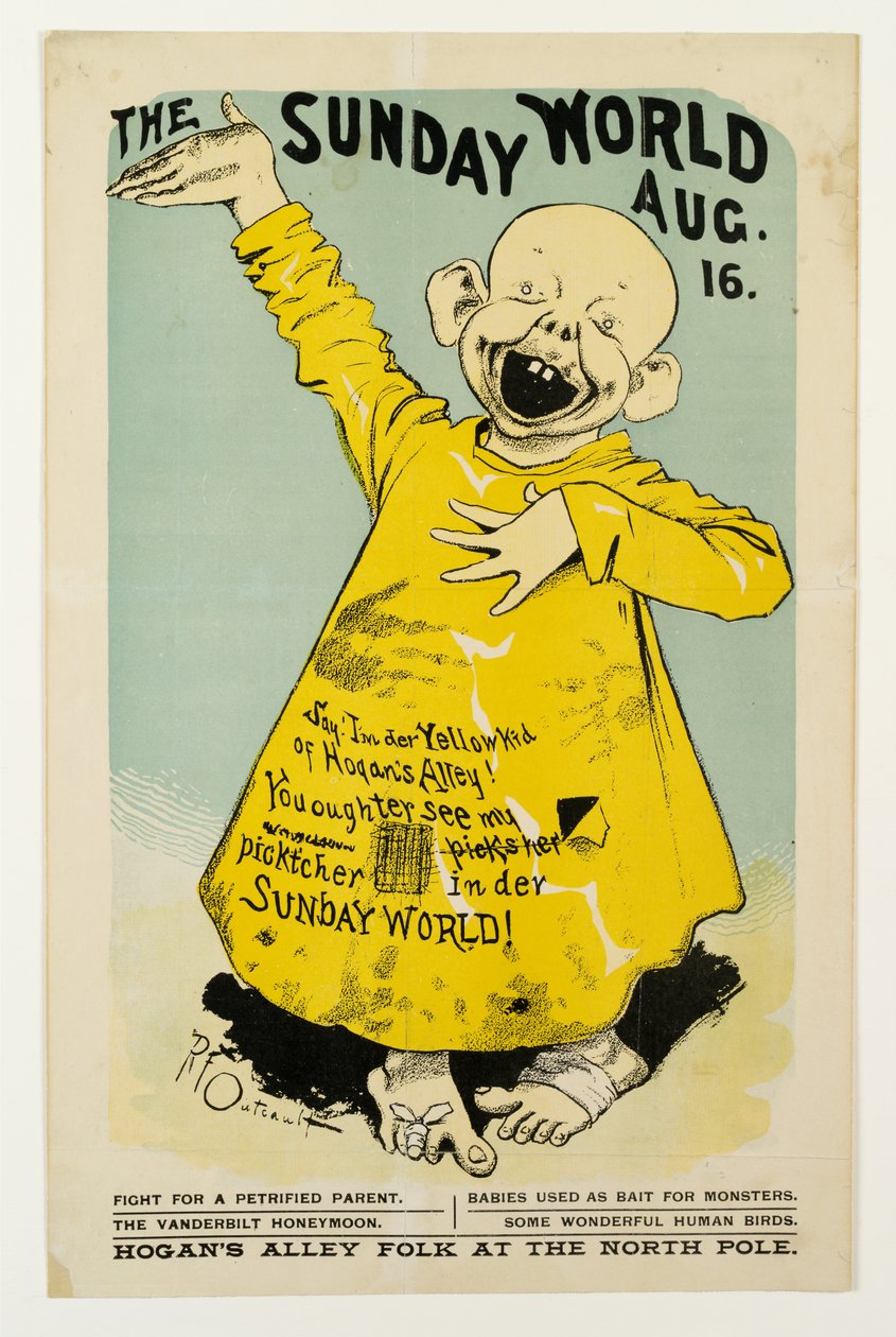 The Sunday World 16 sierpnia: Powiedz, Im der Yellow Kid of Hogans Alley..., c.1895-98 litho autorstwa Richard Felton Outcault