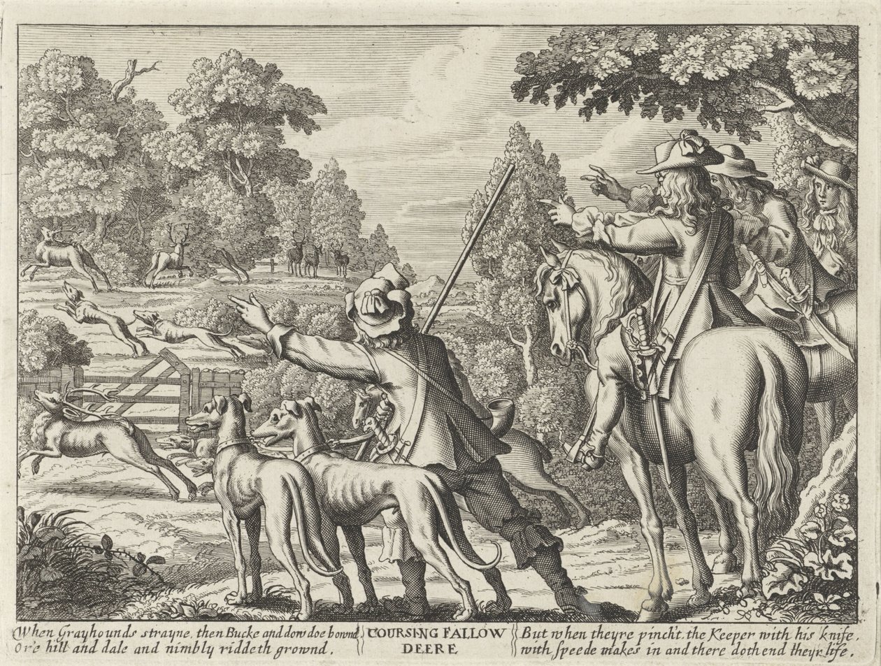Herten nagejaagd drzwi jachthonden Coursing Fallow Deere (tytuł na obiekcie) Jachtpartijen (tytuł serii) Kilka sposobów polowania, łowienia ryb i wędkowania, według angielskiej manier (tytuł serii) autorstwa Richard Gaywood (possibly)