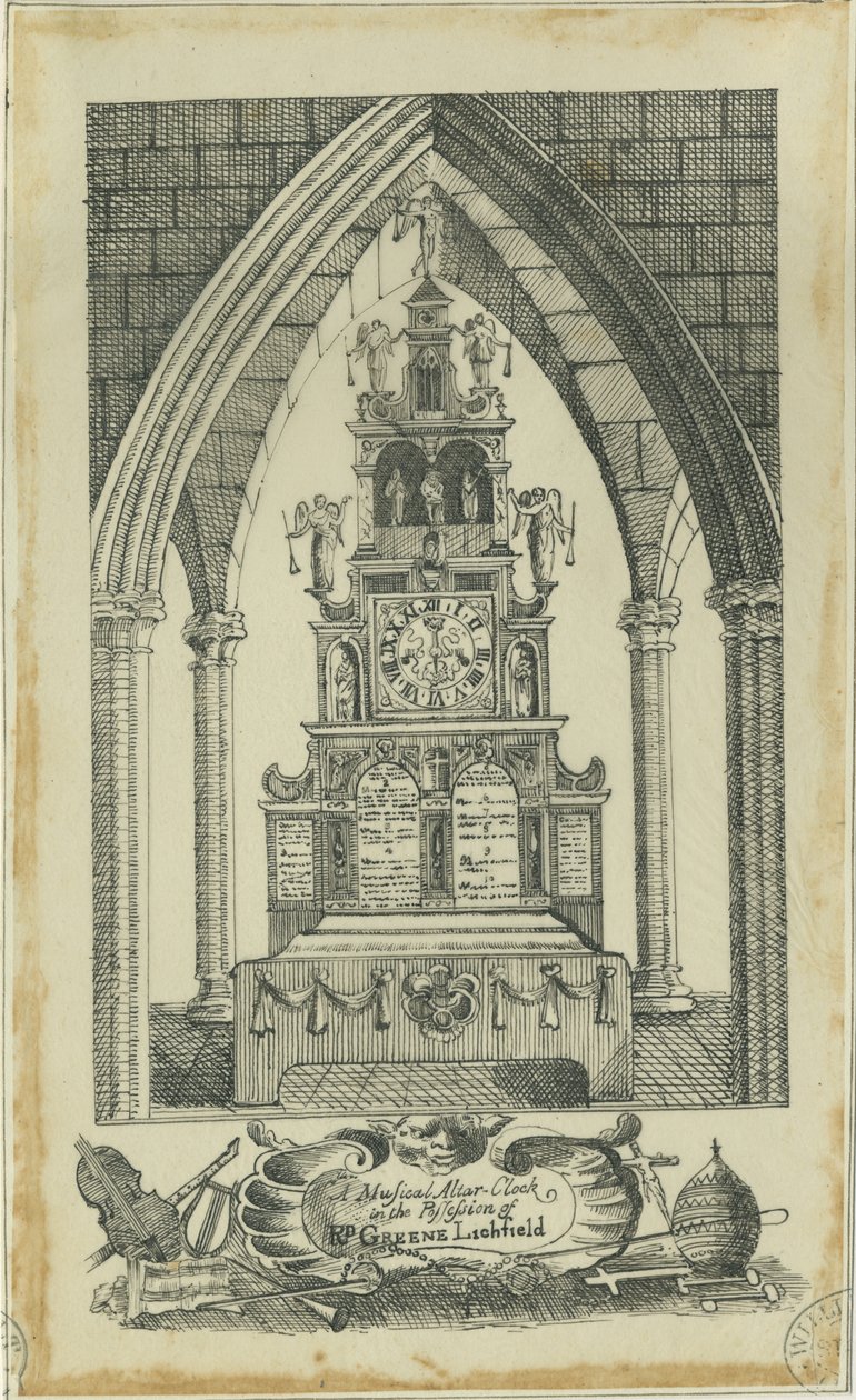 Lichfield - Musical Altar-Clock: kreślenie tuszem i [?XVIII wiek] (rysunek) autorstwa Richard Greene