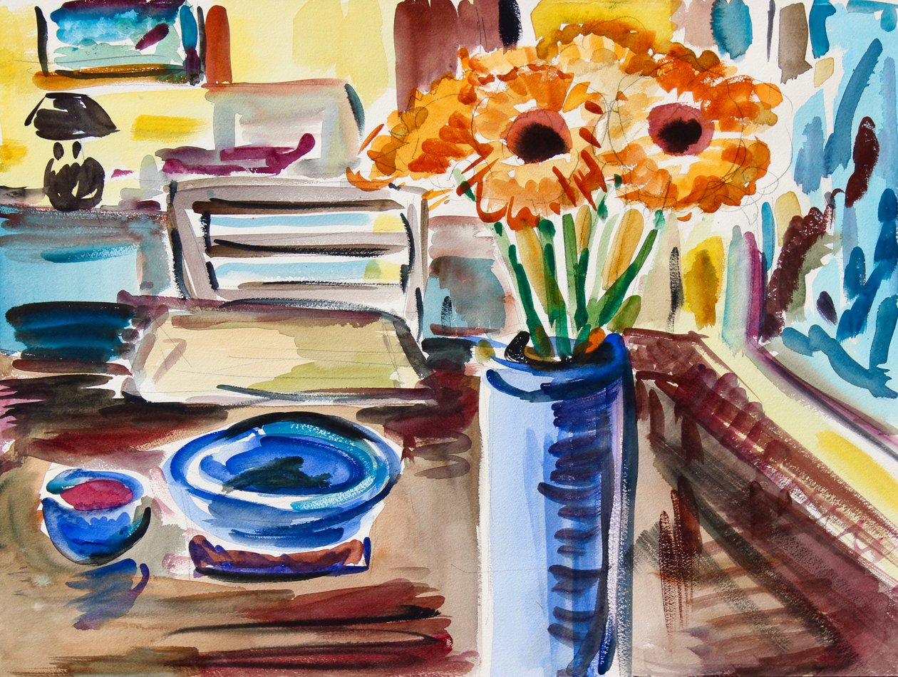 Martwa natura z czarnookimi Susanami, 2021 (akwarela na papierze) autorstwa Richard H. Fox