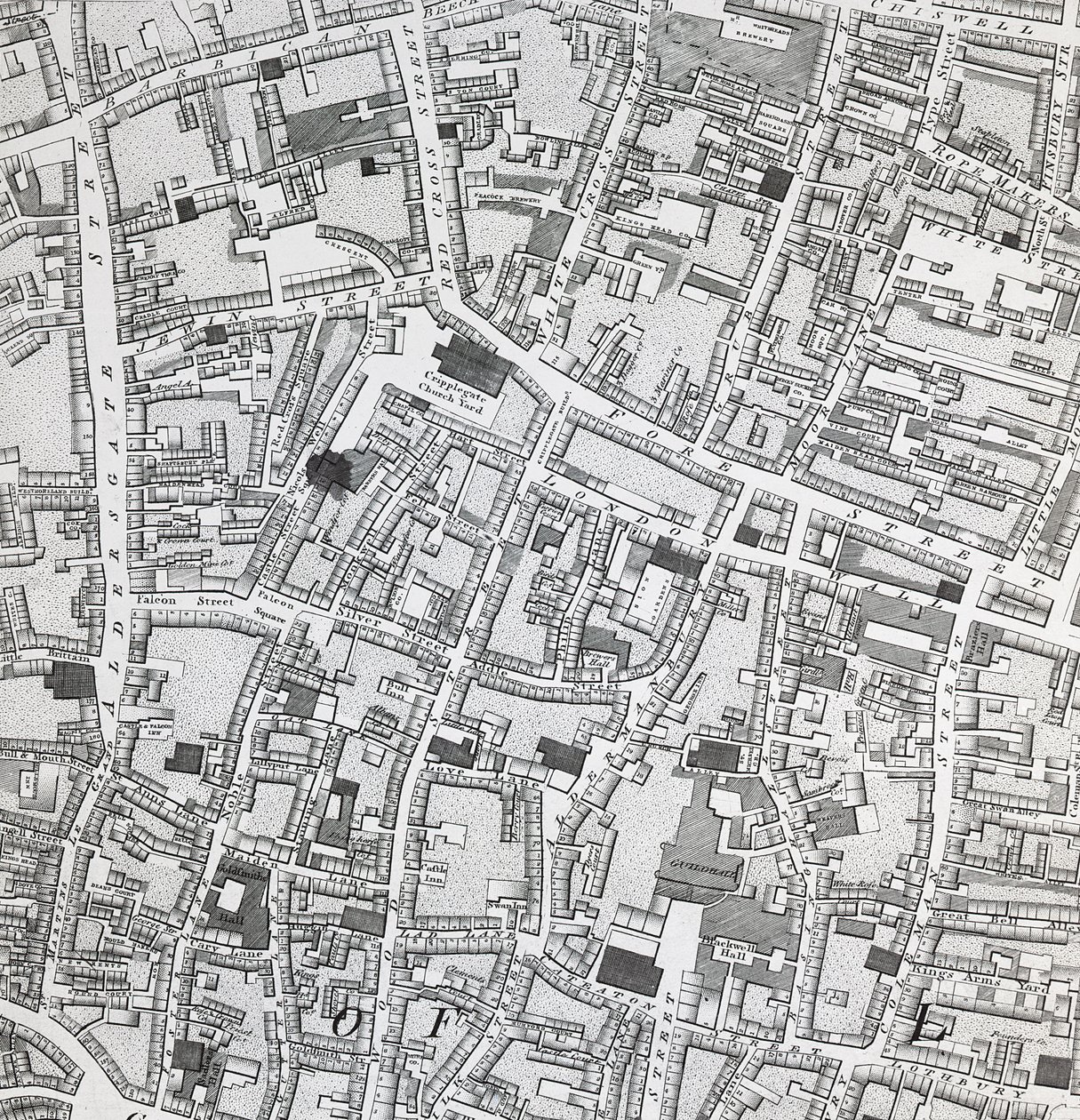 Mapa ulic Londynu wokół Guildhall, c.1795 (druk) autorstwa Richard Horwood