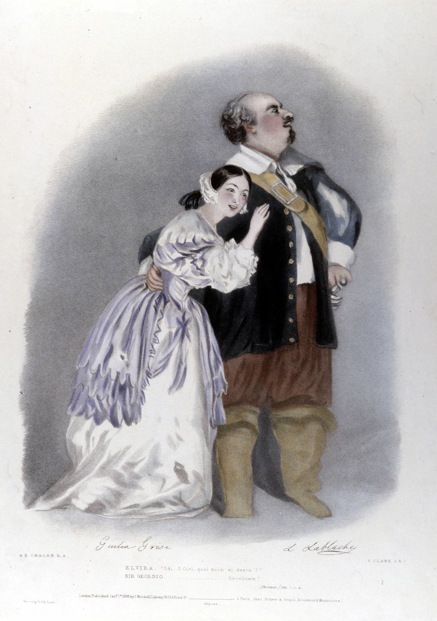Giulia Grisi i Luigi Lablache w III akcie Purytan Vincenzo Belliniego. Litografia autorstwa RJ Lane. 1835 autorstwa Richard James Lane