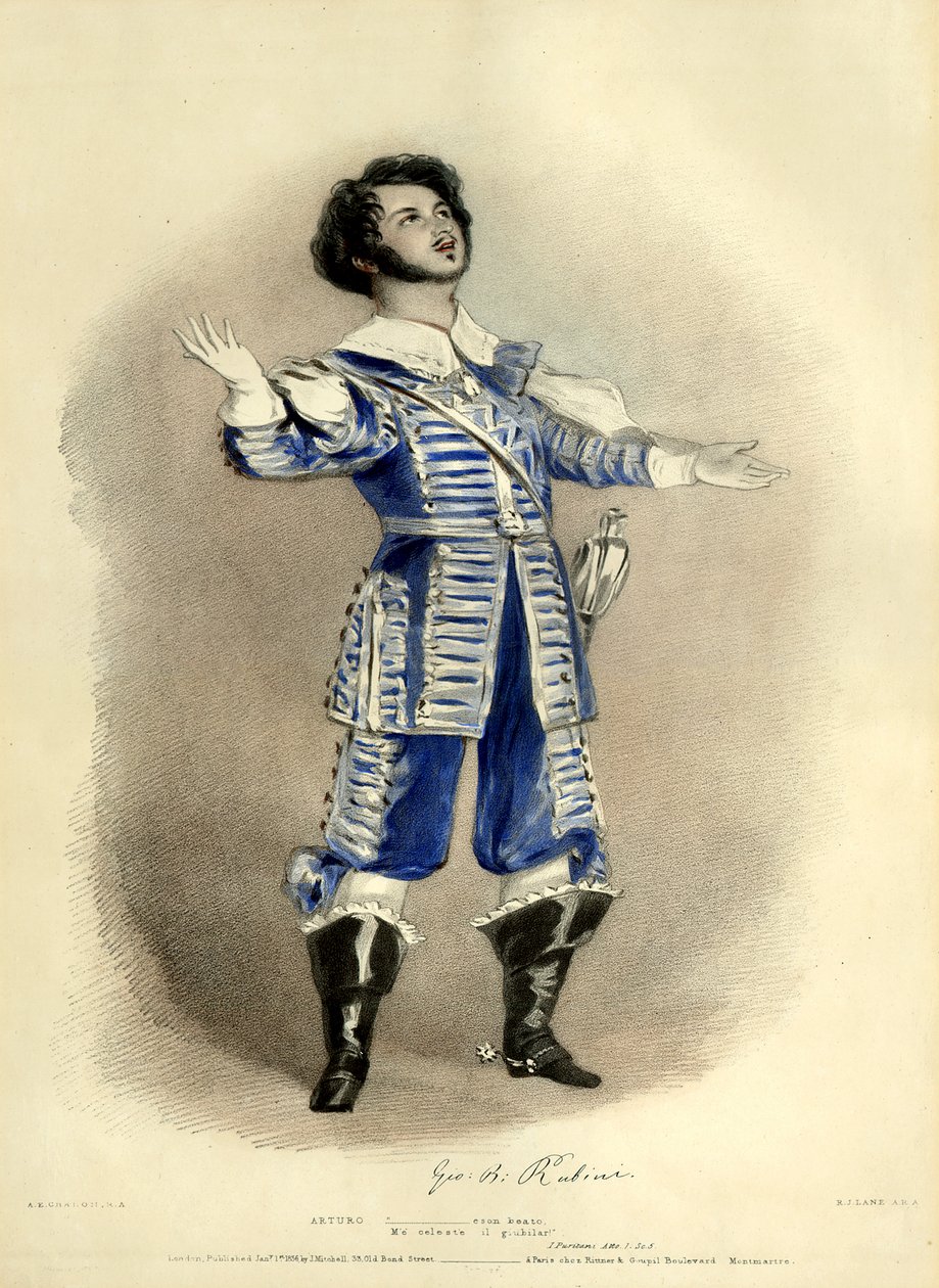I Puritani z Giovannim Rubini jako Arturo (stworzył rolę) od pierwszego spektaklu w Paryżu, Théâtre-Italien autorstwa Richard James Lane